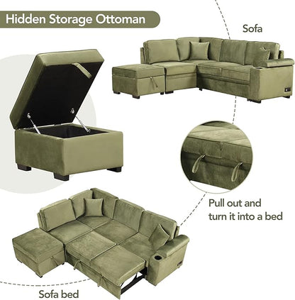 Ball & Cast Sleeper Sofa Bed L Shaped Couch with Storage Ottoman,Pull-Out Sectional Sofa Couch w/Cup Holder and Charging Stations,for Living Room and Small Apartment,Green