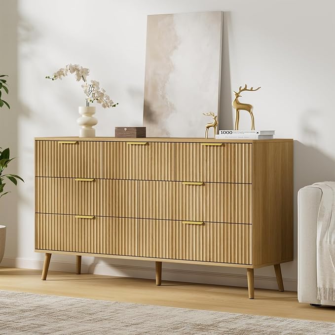 LYNSOM 55" Wide Fluted Dresser for Bedroom with 7 Drawer, Modern Chest of Drawers with Curved Profile Design and Metal Handles, Wood Dresser TV Stand & Storage Organizer for Living Room, Oak