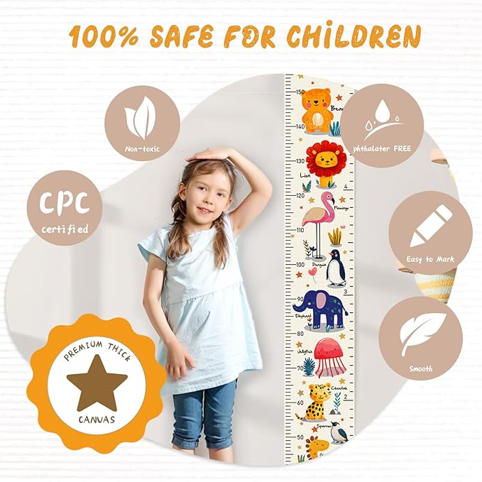 Personalized Name Kids Growth Chart, Watercolor Animal Canvas Height Measurement Ruler for Baby, Kids Height Wall Chart for Child's Room Decoration, Waterproof Measuring Wall Ruler