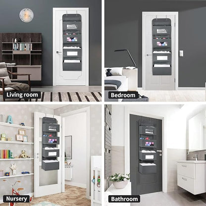 MAX Houser 4-Shelf Over The Door Hanging Organizer with 2 Metal Hooks,4 Pocket Over The Door Wall Mount Storage with Clear Windows for Baby Nursery Bathroom Closet,Bedroom,Dorm,Diapers,Kids Toys(Gray)