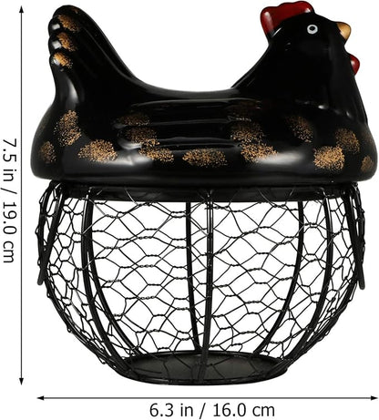 Cabilock Metal Wire Egg Basket Egg Holder Organizer Case with Ceramic Farm Chicken Top Container for Easter Party Gathering Fresh Eggs Storing Fruit Snack