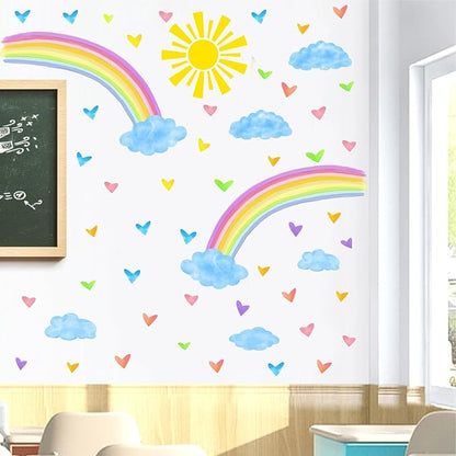 Colorful Rainbow Wall Stickers Watercolor Sun Clouds Wall Decals Cute Hearts Stickers for Girls Removable Peel and Stick Large Rainbow Decals for Girls Kids Room Nursery Classroom Decor
