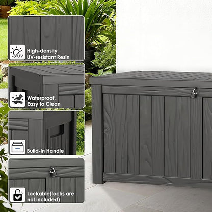 120 Gallon Resin Deck Box Outdoor with Hydraulic Rods, Waterproof Storage Box with Handles and Lockable for Store Garden Tools Backyard, Multi-Functional Seat & Table, Black