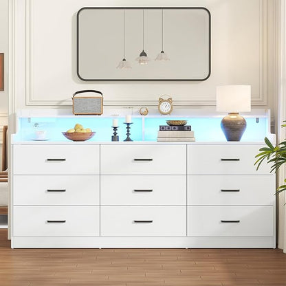Bigbiglife 9 Drawer Dresser with Built in Power Outlet and LED Light, Modern Chest of Drawers for Bedroom, Triple Wide Drawer Organizer Cabinet for Living Room, Entryway, Hallway, Antique White