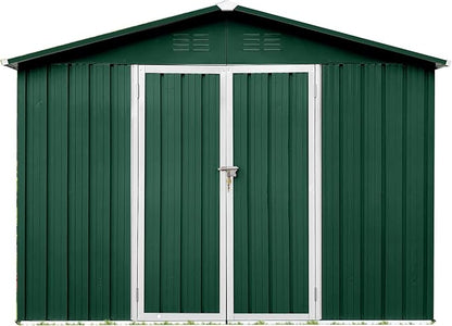 Storage Shed 8ft×6ft Classic Apex Roof Tool Shed Outdoor Storage Metal Garden Storage Sheds Tool Cabinet with Hinged Door Syste for Backyard, Patio, Poolside, Green