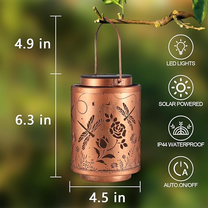 2 Pack Solar Lanterns Garden Decor Birthday Gifts for Women Mon Grandma Metal Hanging Solar Lights Waterproof Outdoor Decoration for Outside LED Lanterns for Yard (Dragonfly)