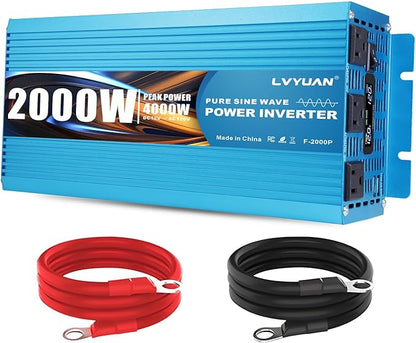 LVYUAN 2000 Watt Pure Sine Wave Inverter 12V to 110V 120V DC to AC with LCD Display, 3 U.S. Outlet, USB Charger Ports, Car Power Inverter for Vehicles, RV, Outdoor, Home