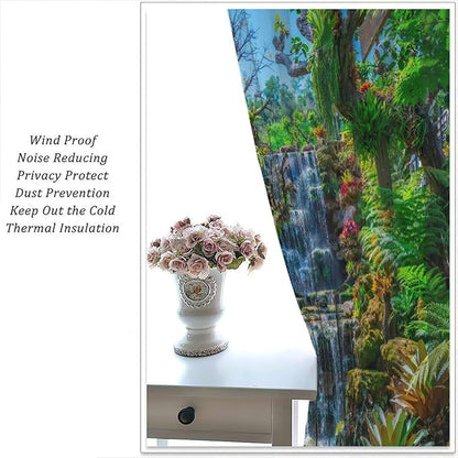 Waterfall Blackout Window Curtains, Spring Forest Nature Landscape Theme Pattern Print Window Drapes, for Living Room Bedroom 55x63in 2 Panels