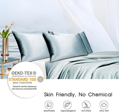 100% Mulberry Silk Pillowcase with Hidden Zipper,Both Sides Pure Silk Breathable Pillow Case for Hair and Skin,19 Momme Grade 6A,1pc,Pale Blue,Queen Size 20x30 Inches