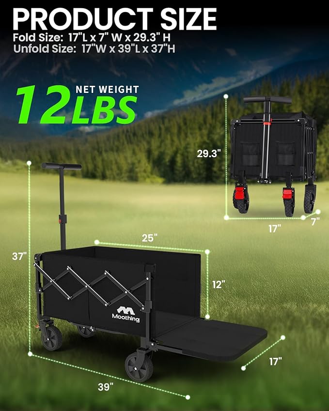 Collapsible Wagon, Foldable Wagon with Tailgate Extended, 360lbs Heavy Duty, Portable Lightweight Utility Wagon for Grocery, Camping, Garden, Sports, Black T