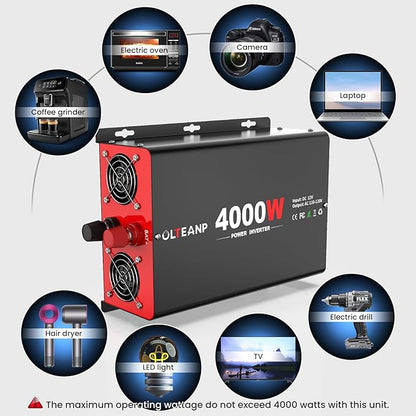 4000 Watt Power Inverter 12V DC to 110V AC Car Inverter with 4 AC Outlets, 30W Type-C Port, 3.1A USB Port, Remote Controller on LCD Screen, Peak 8000W Car Converter for Truck,Vehicles,Trip