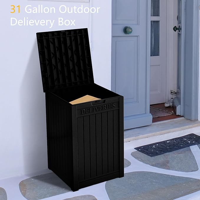55 Gallon Black Resin Deck Box - Lockable, Waterproof Outdoor Storage for Packages & Patio Essentials - Rustproof Utility Box with Handles for Porches, Pools & Backyards