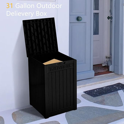 55 Gallon Black Resin Deck Box - Lockable, Waterproof Outdoor Storage for Packages & Patio Essentials - Rustproof Utility Box with Handles for Porches, Pools & Backyards
