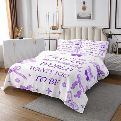 Manfei Purple Bowknot Kids Bedspread Twin Size,Cherry Tropical Fruit Stars Daisy Cute Coverlet Set,Girls Women Room Decor,Bow Tie Cartoon Princess Quilted Coverlet,Romantic Bedding Quilt,1 Pillowcase