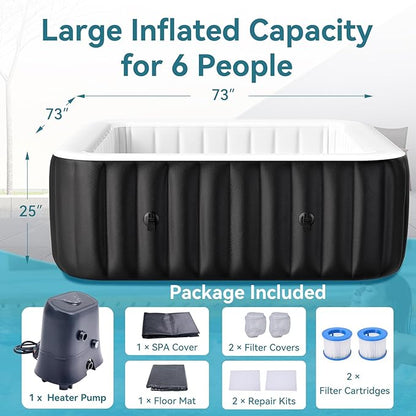 Blow Up Inflatable Hot Tub, 4-6 Person Large Square Portable Hot Tub, Leak-Proof PVC Outdoor Spa with 130 Air Jets, Heater Pump and Insulated Cover, 73” X 73”X 25”
