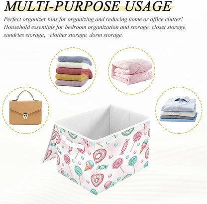Candy Donuts Lollipops Storage Bins with LidsIce Cream Sweets Foldable Storage Basket with Handles Collapsible Large Fabric Organizer Containers for Clothes Shelves Closet Office Home
