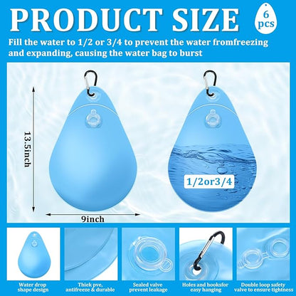 Hungdao 6 Pack Pool Cover Weights with Hooks Above Ground Hanging Water Bags Leakproof Thick PVC Swimming Pool Cover Tarp Weights Winter Antifreezing for Above Ground Closing Kit, 13.5 x 9 Inch