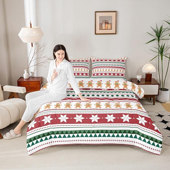 Feelyou Merry Christmas Bedding Set Soft for Boys Girls, Gingerbread Man Comforter Set Twin Size Duvet Quilt Microfiber Striped Bedroom Decor 2 Pcs with 1 Pillow Cases