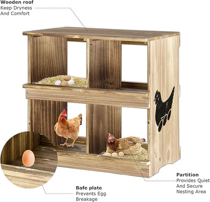 Nesting Boxes for Chickens - Wooden Chicken Nesting Box for Chicken Coop Accessories, Sturdy 4-Compartment Wall Mount Egg Laying Box for Hens, Chickens, and Ducks(Lightly Charred)