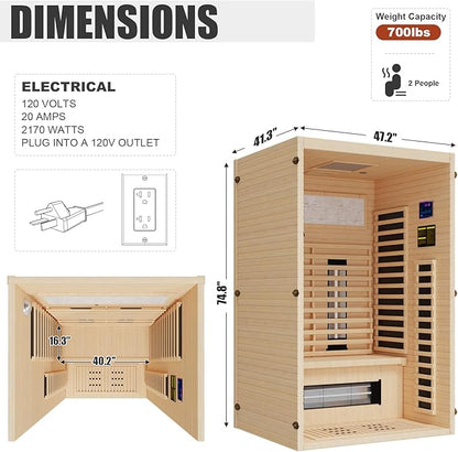 MEISSALIVVE Full Spectrum Sauna for Home, 1~2 Person Indoor Infrared Sauna Room with 10 Minutes Warm-up Heate, Canadian Hemlock Wood Home Infrared Sauna with Bluetooth and Tempered Glass