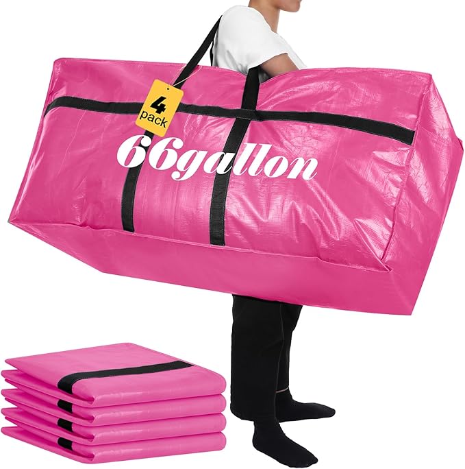 4 Pcs 66 Gallon Large Moving Bags with Zipper and Handles Foldable Storage Duffle Bags Heavy Duty Extra Large Totes for College Dorm Travel Clothes Blankets Bedding Moving (Pink)