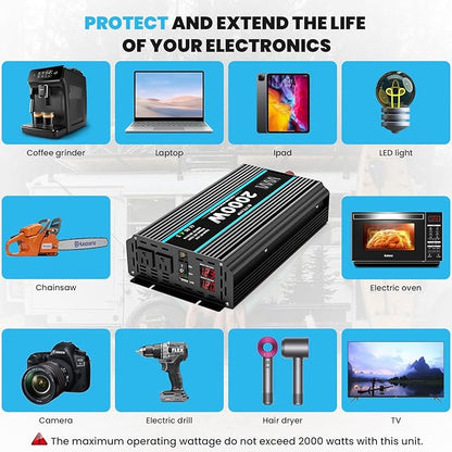 2000 Watts Pure Sine Wave Inverter 12V DC to 110/120V AC Power Inverter with 2 AC Outlets, 3.1A USB Port, LCD Display, Remote Controller, Car Power Converter for Truck, Home, Vehicles, Boat