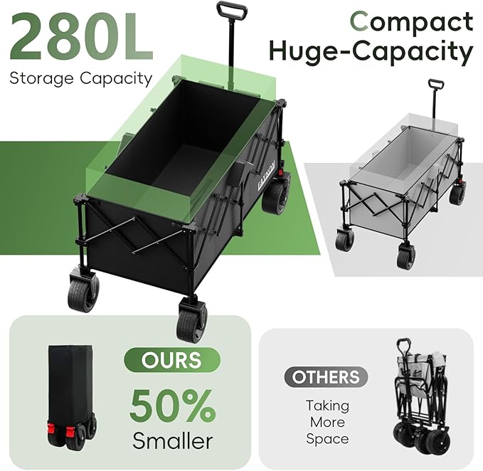 46" L Collapsible Foldable Extended Wagon, 500LB Weight Capacity with 280L Heavy Duty Folding Cart,Utility Wagon with All-Terrain Beach Wheel & Drink Holders,Black