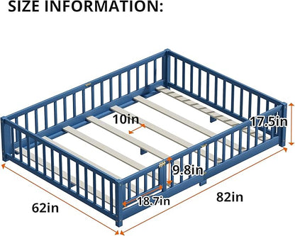 i-POOK Queen Floor Bed Frame with Wood Slats, High Fence & Small Door, Pinewood Montessori Floor Bed for Girls and Boys, Mist Blue