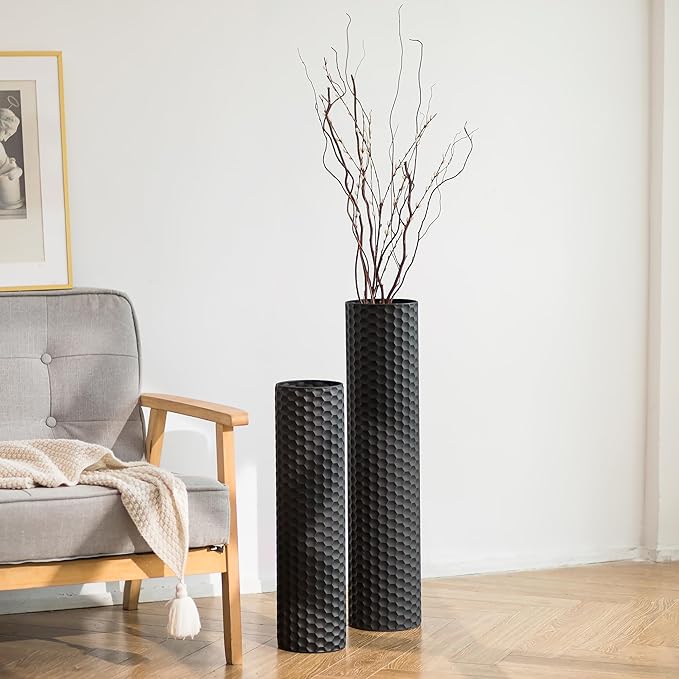 Sziqiqi Black Tall Floor Vase: 27.6/21.7in Metal Cylinder Vases Extra Large Decorative Vase Set of 2 Living Room Modern Honeycomb Texture Big Standing Decor for Dining Bedroom Home Corner Indoor