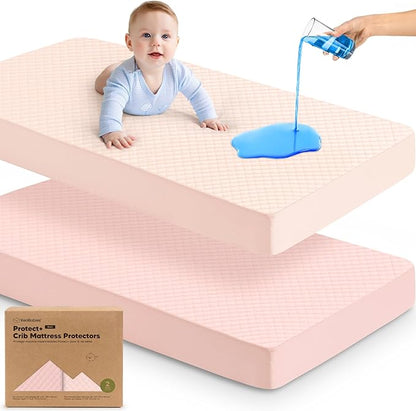 Waterproof Crib Mattress Protector Cover Fitted - 2-Pack Quiet Baby Crib Mattress Pad Sheets, 52" x 28" Soft Quilted Cotton Baby Sheet, Machine Washable, Easy Fit, Durable (Mist Rose/Quin)