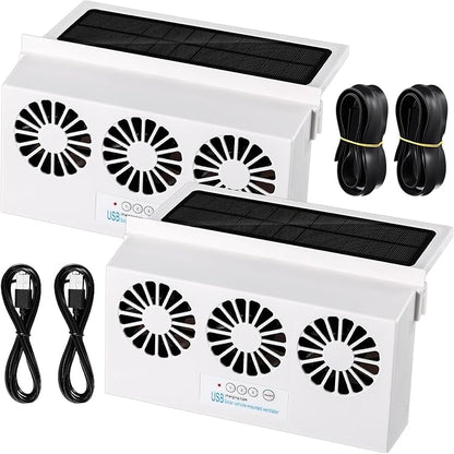 2 Pack Solar Powered Car Exhaust Fan 3 Fans Car Window 4500 RPM Air Vent Radiator Solar Energy Cooling Vent Exhaust for General Types(Rechargeable & Solar 3 Fans,White)