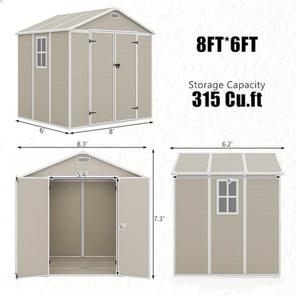 Outdoor Shed 5x3/6x4/7x7/8x6/8x10/8x12 FT, 15MM Thick PP Resin Plastic Shed with Lockable Door & Floor - Waterproof Plastic Tool Shed for Bike, Garbage Can, Backyard, Patio ﻿ ﻿ (Light Brown, 8x6FT)