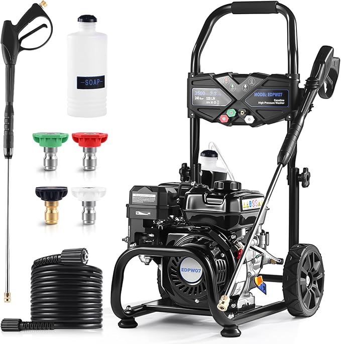 Gas Pressure Washer, 3500 PSI and 2.3 GPM High Pressure Cleaning Machine with 4 Quick Connect Nozzles & Foam Cannon, Portable Pressure Washer for Cars, Fences, Driveways, Patios, Home Cleaning