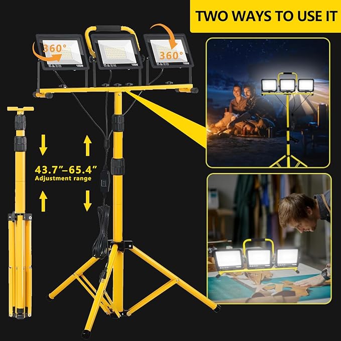 32000LM LED Work Light with Tripod, 3x100W 3-Head Floodlight, Plug-in 120V