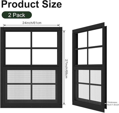 2 Pack Shed Windows 24" x 27" Flush Mount Window with Tempered Glass,House Small Windows,Household Sliding Windows for Chicken Coop, Playhouse, Household, Garage-Black