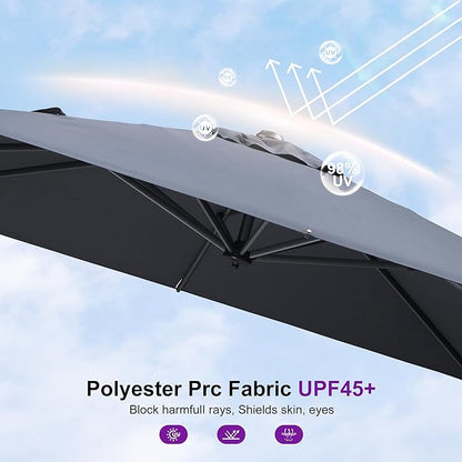 PURPLE LEAF 8' X 8' Patio Umbrella with Wheeled Base for Pool 7' High Offset Outdoor Cantilever Umbrella Swimming Pool Umbrella with 360°Rotation for Poolside Light Grey