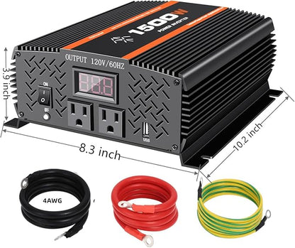 1500 Watt car Power Inverter 12V to 110V/120V for RV car Truck semi Truck Vehicles Camping with LCD Display 1500W