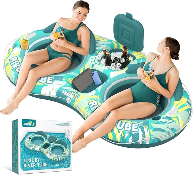 5-in-1 Pool Floats Adult Heavy Duty River Tube, 2 Person Water Lounge with Backrests, Built-in Cooler, Cup Holders, Deluxe Pool Float for Summer Relaxation
