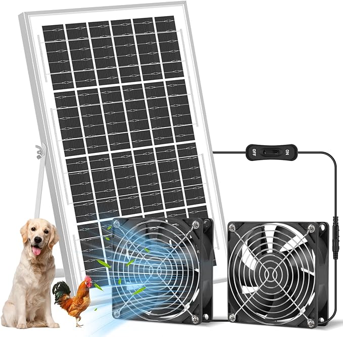 Solar Exhaust Fan, 20W Waterproofed Solar Panel + Two 4.72" Ventilation Vent Fan, Solar Powered Fan Kit, High Speed Solar Powered Exhaust Fan for Shed, Chicken Coop, Greenhouse, Dog House