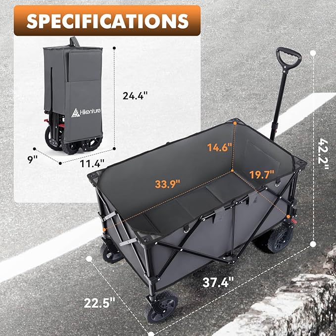 Hikenture Collapsible Wagon - 330LBS Capacity, Extra Large Foldable Wagon with All-Terrain Wheels, Utility Beach Cart for Outdoor Garden