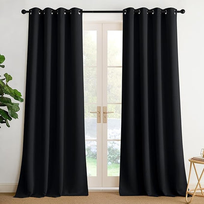 NICETOWN Blackout Curtains for Bedroom 96 Inches Long, 2 Panels, W52, Black, 3 Pass Microfiber Noise Reducing Thermal Insulated Solid Ring Top Blackout Window Drapes
