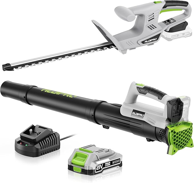 Cordless Leaf Blower and Hedge Trimmer Combo 21V Ultra-Lightweight 3lbs 400CFM/130MPH Blower, 18" Blade & 5/8'' Cutting Bush Trimmer with 2.0Ah Battery and Fast Charger, Ideal for Homeowners & Seniors