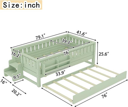Bellemave Twin Size Kids Bed with high Rails and with Built-in Bookshelf and Trundle for Kids, Girls, Boys, Wood Montessori Bed Without Door, Avocado Green