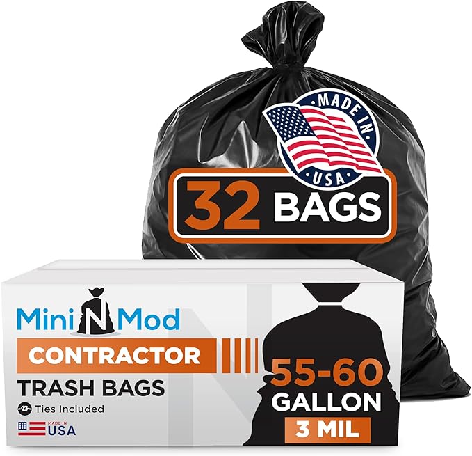 Contractor Garbage Bags 55 Gallon, Black Contractor Garbage Bag 3 Mil (32 Bags) Large 55-60 Gallon Trash Bags Heavy Duty Liners, Extra Large Trash Liners Construction, Industrial Bag