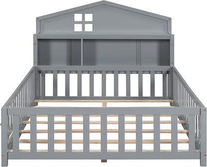 Bellemave Full Size Floor Bed for Kids, Girls, Boys, Solid Wood Montessori Bed with Storage headboard, Door, Storage, Grey