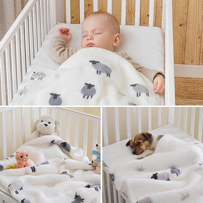 Soft Cozy Sherpa Fleece Baby Blankets Animal Pattern Fluffy Plush Receiving Blanket for Newborn Infant Toddler Thick Warm Crib Stroller Blanket for Boys Girls 30"x40" White Sheep