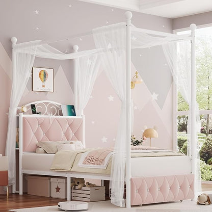 Twin Upholstered Canopy Bed Frame with Drawer & Crystal Tufted Storage Headboard Two-Purpose Metal Platform Bed with 4 Removable Posts & Charging Station Pink Princess Bed, Curtain Not Included