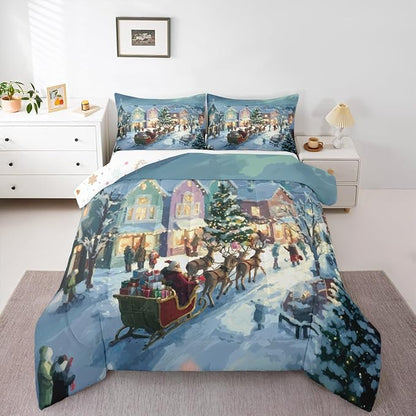 Feelyou Watercolor Christmas Comforter Set Queen Size Santa Claus Bedding Set for Kids Boys Girls Reindeer Sled Duvet Quilt Xmas Tree Bedroom Decor Microfiber 3 Pcs with 2 Pillow Cases
