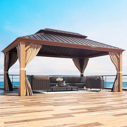 MELLCOM 12'x16' Hardtop Gazebo, Wood Grain Aluminum Frame Outdoor Gazebo with Double Galvanized Steel Roof, Permanent Metal Pavilion with Curtains and Nettings for Patio, Backyard, Deck and Lawns
