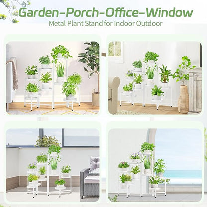 iDavosic.ly Plant Stand Indoor Outdoor, 9 Tier Corner Metal Flower Display Holder Shelf, Folding Tall Orchid Rack for Patio Balcony Porch Garden Living Room House, White